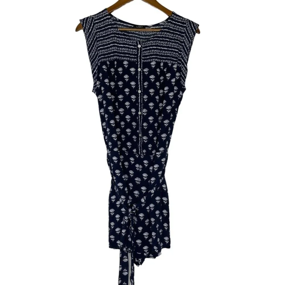 Loft Blue Floral Sleeveless Button Front 4" Shorts Romper Size Large Women’s - Picture 1 of 13